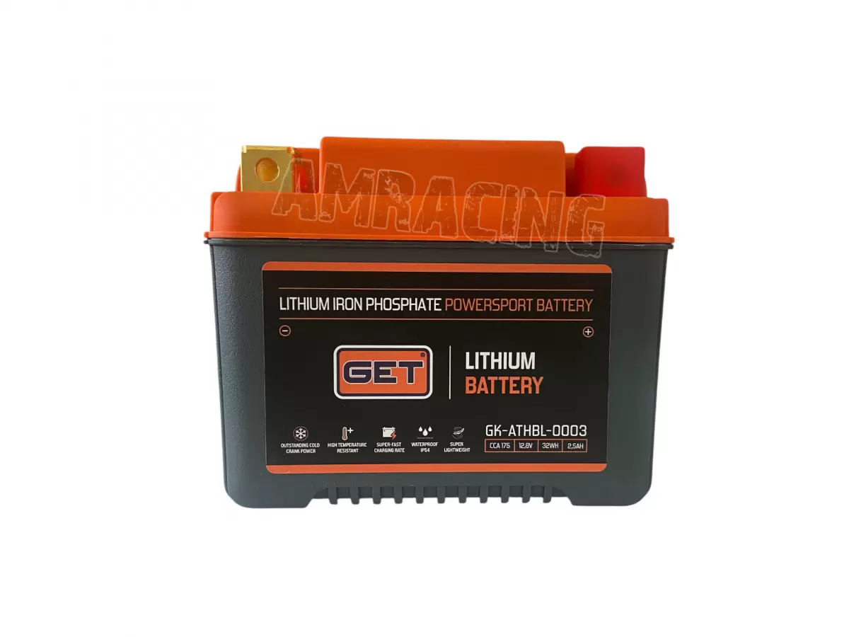 BATERÍA GET LITHIUM PARA MOTOS TODOTERRENO 2,5 Ah - CCA 175 A  DIMENSIONES 107 x 56 x 85 mm 12 V/32 Wh
